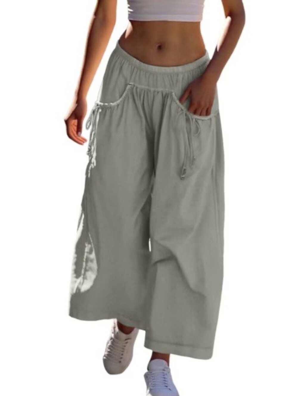 Light Grey Wide Leg Drawstring Nylon Pants Size S